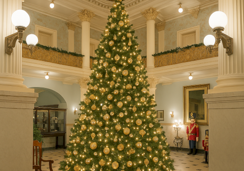A grand Christmas tree stands in an elegant hall, adorned with gold baubles and warm lights, flanked by ornate columns and classic decor.