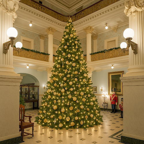 A grand Christmas tree stands in an elegant hall, adorned with gold baubles and warm lights, flanked by ornate columns and classic decor.