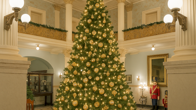 A grand Christmas tree stands in an elegant hall, adorned with gold baubles and warm lights, flanked by ornate columns and classic decor.